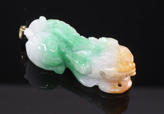 A Chinese three colour jadeite toad and cash pendant, 4.2cm